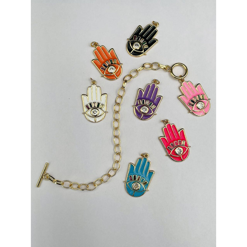 Copper CZ Enamel White Gold Hamsa Charms Bracelet Girls Bulk