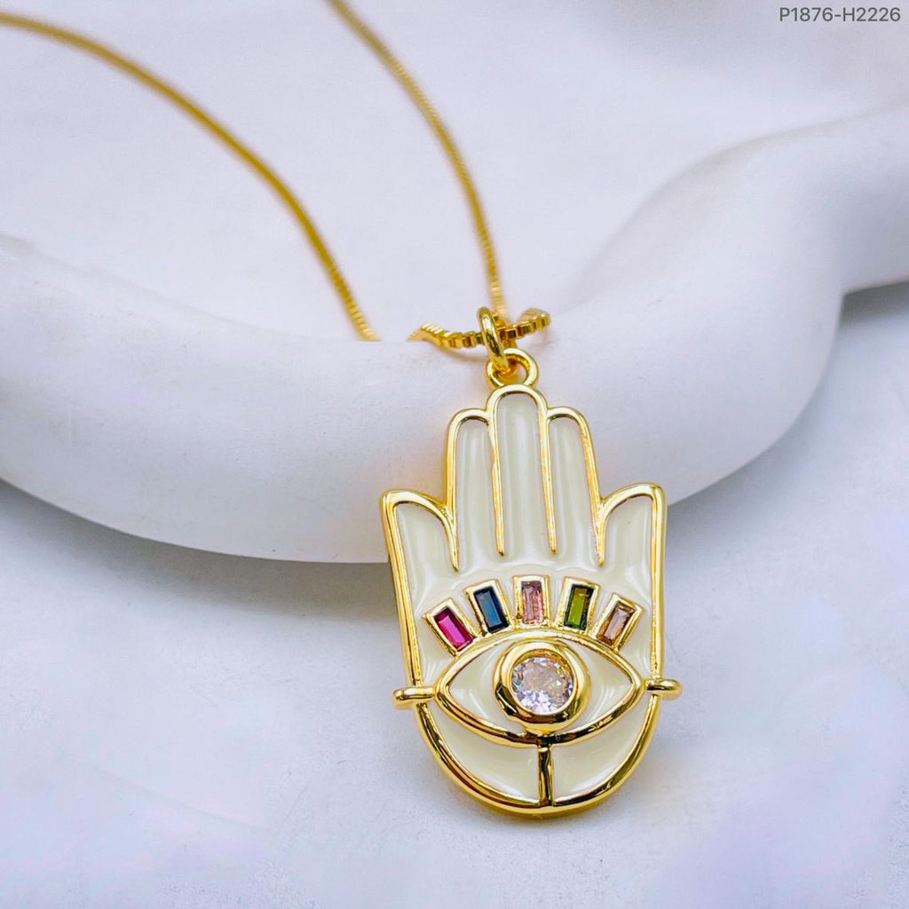 Copper Enamel CZ White Gold Evil Eye Necklace Pendant Chain Bulk