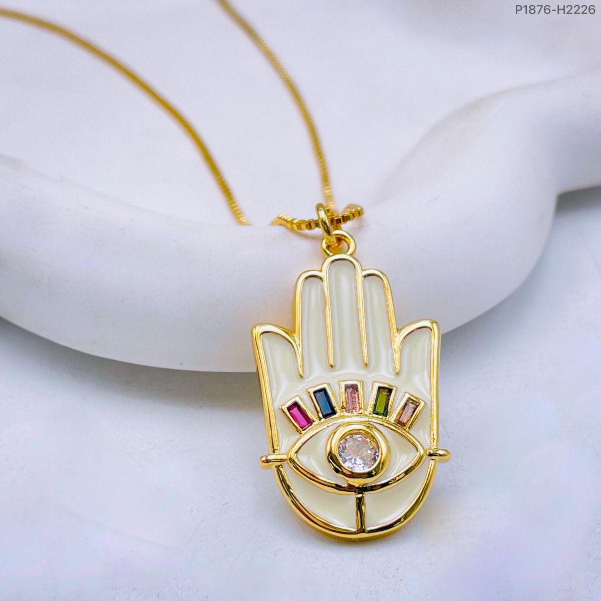 Copper Enamel CZ White Gold Evil Eye Necklace Pendant Chain Bulk