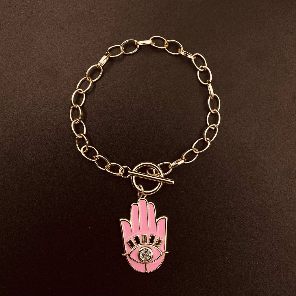 Copper CZ Enamel Pink Gold Hamsa Charms Bracelet Girls Bulk