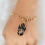 Copper CZ Enamel Black Gold Hamsa Charms Bracelet Girls Bulk