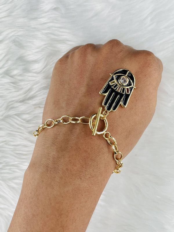 Copper CZ Enamel Black Gold Hamsa Charms Bracelet Girls Bulk Secondary image
