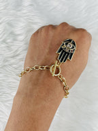 Copper CZ Enamel Black Gold Hamsa Charms Bracelet Girls Bulk