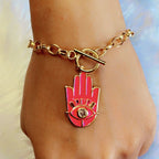 Copper CZ Enamel Dark Pink Gold Hamsa Charms Bracelet Girls Bulk