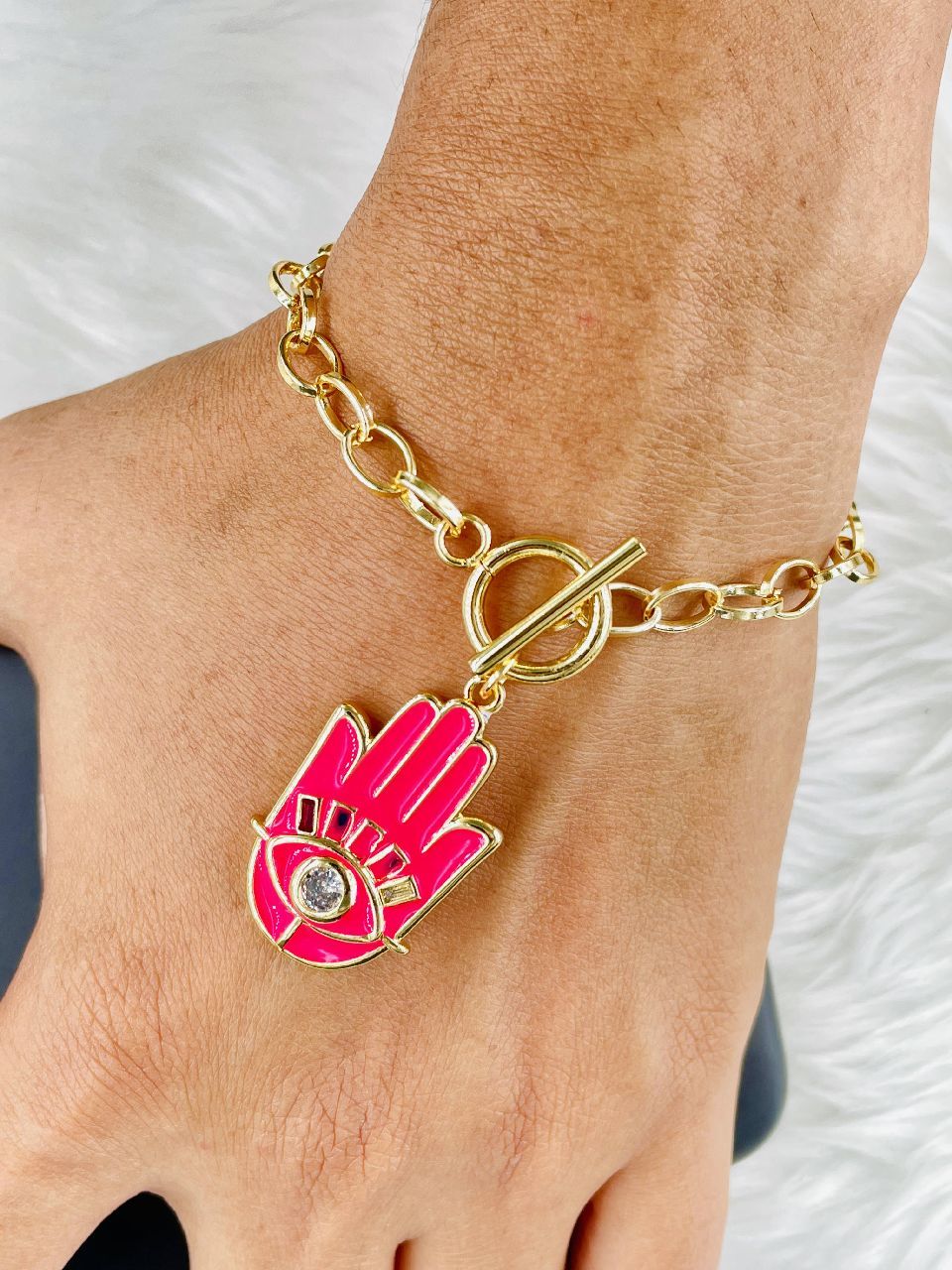 Copper CZ Enamel Dark Pink Gold Hamsa Charms Bracelet Girls Bulk Secondary image