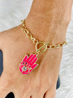 Copper CZ Enamel Dark Pink Gold Hamsa Charms Bracelet Girls Bulk