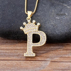 Crown Alphabet Letter A Gold CZ Copper Pendant Chain Bulk