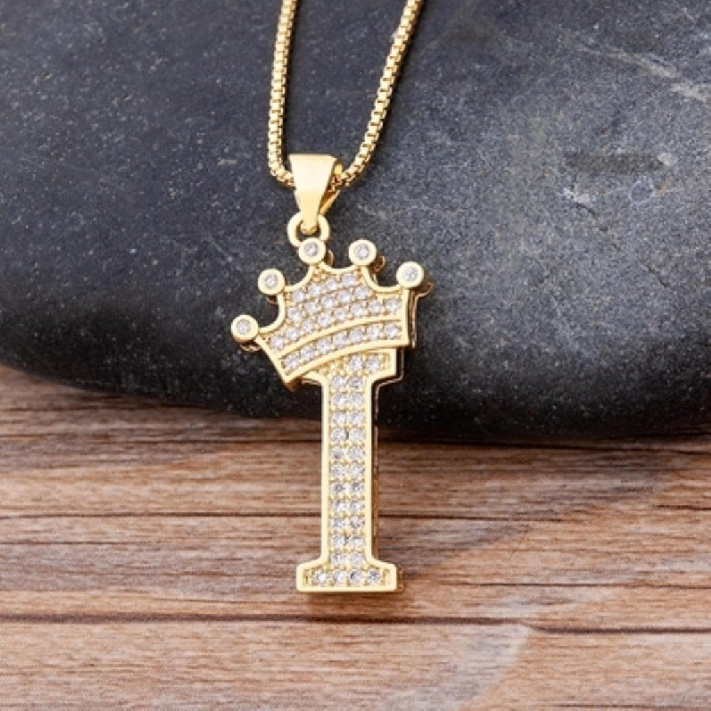 Crown Alphabet Letter A Gold CZ Copper Pendant Chain Bulk