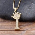 Crown Alphabet Letter A Gold CZ Copper Pendant Chain Bulk