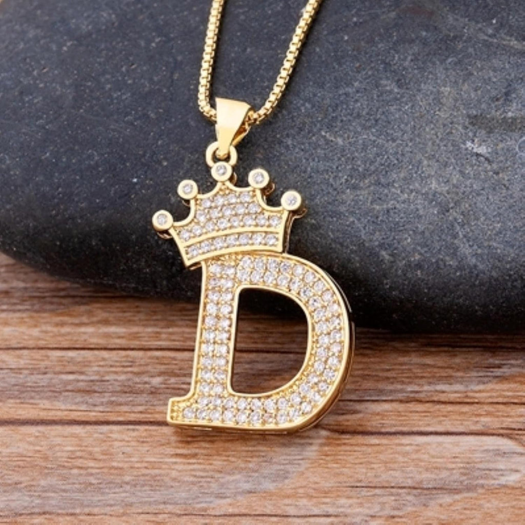 Crown Alphabet Letter A Gold CZ Copper Pendant Chain Bulk