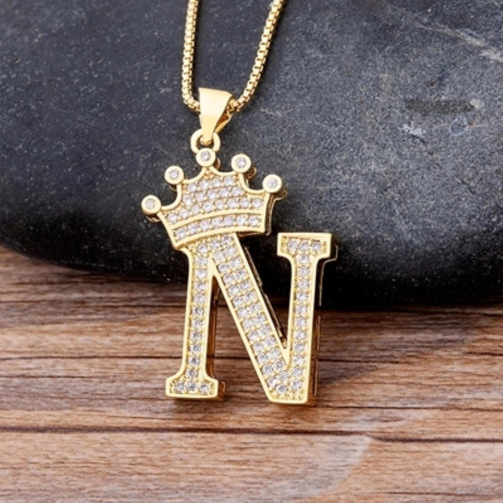 Crown Alphabet Letter A Gold CZ Copper Pendant Chain Bulk