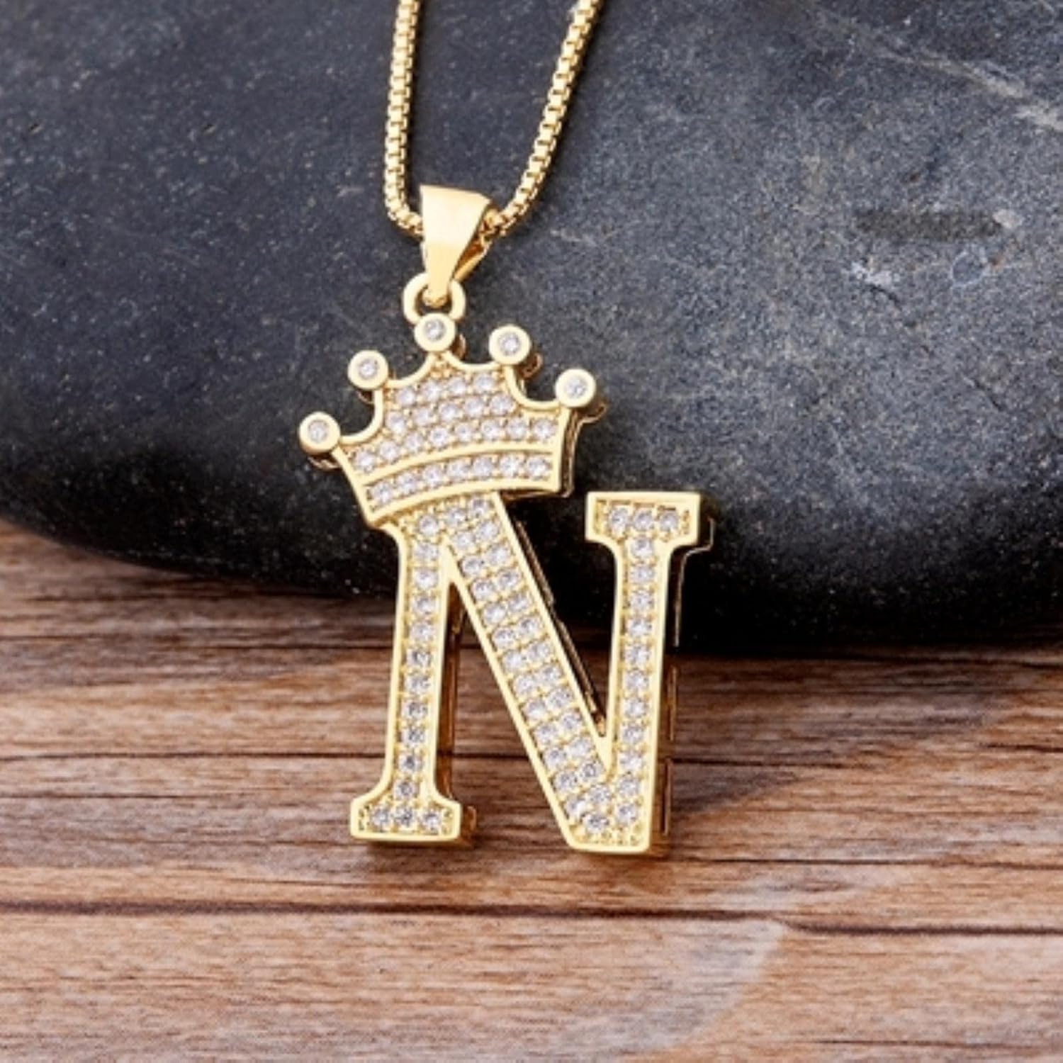Crown Alphabet Letter A Gold CZ Copper Pendant Chain Bulk