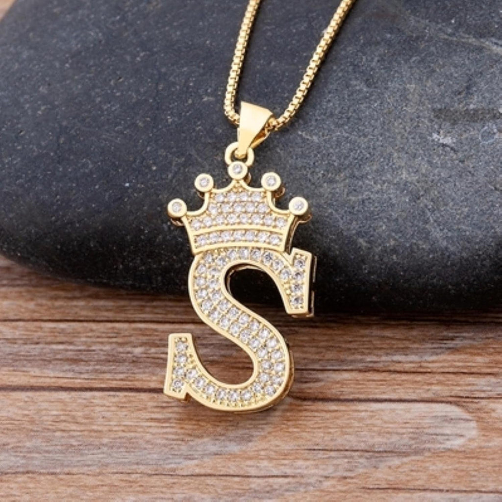 Crown Alphabet Letter A Gold CZ Copper Pendant Chain Bulk