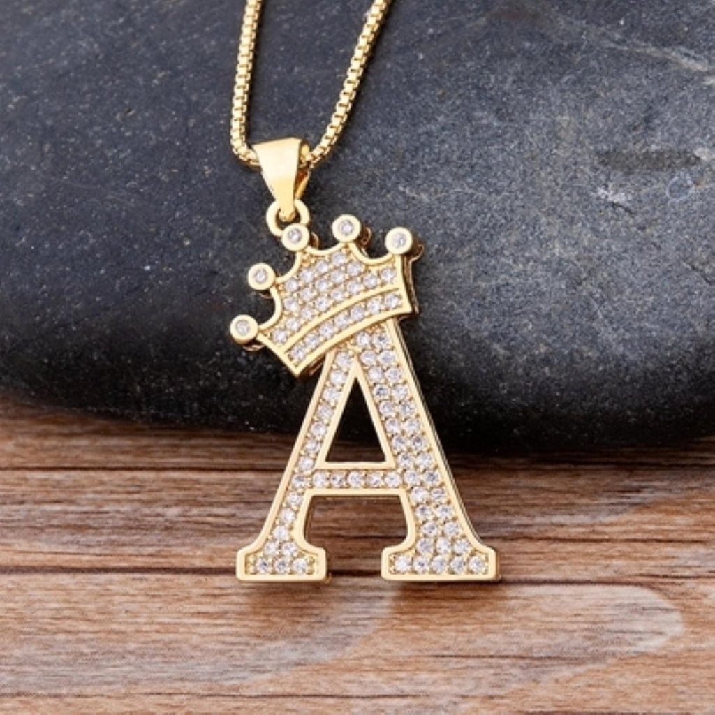 Crown Alphabet Letter A Gold CZ Copper Pendant Chain Bulk