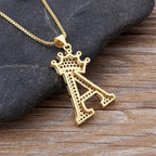 Crown Alphabet Letter A Gold CZ Copper Pendant Chain Bulk