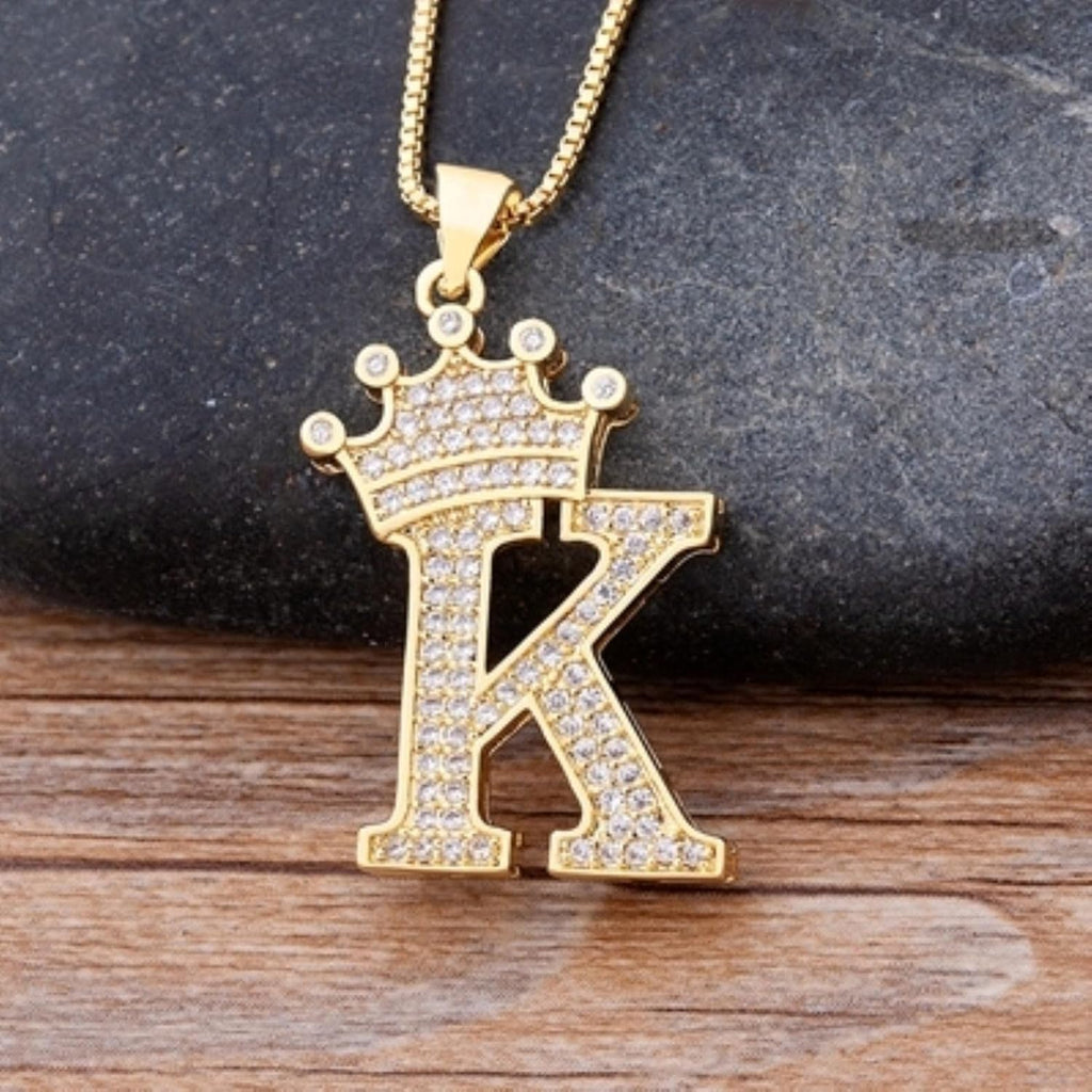 Crown Alphabet Letter A Gold CZ Copper Pendant Chain Bulk