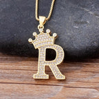 Crown Alphabet Letter A Gold CZ Copper Pendant Chain Bulk