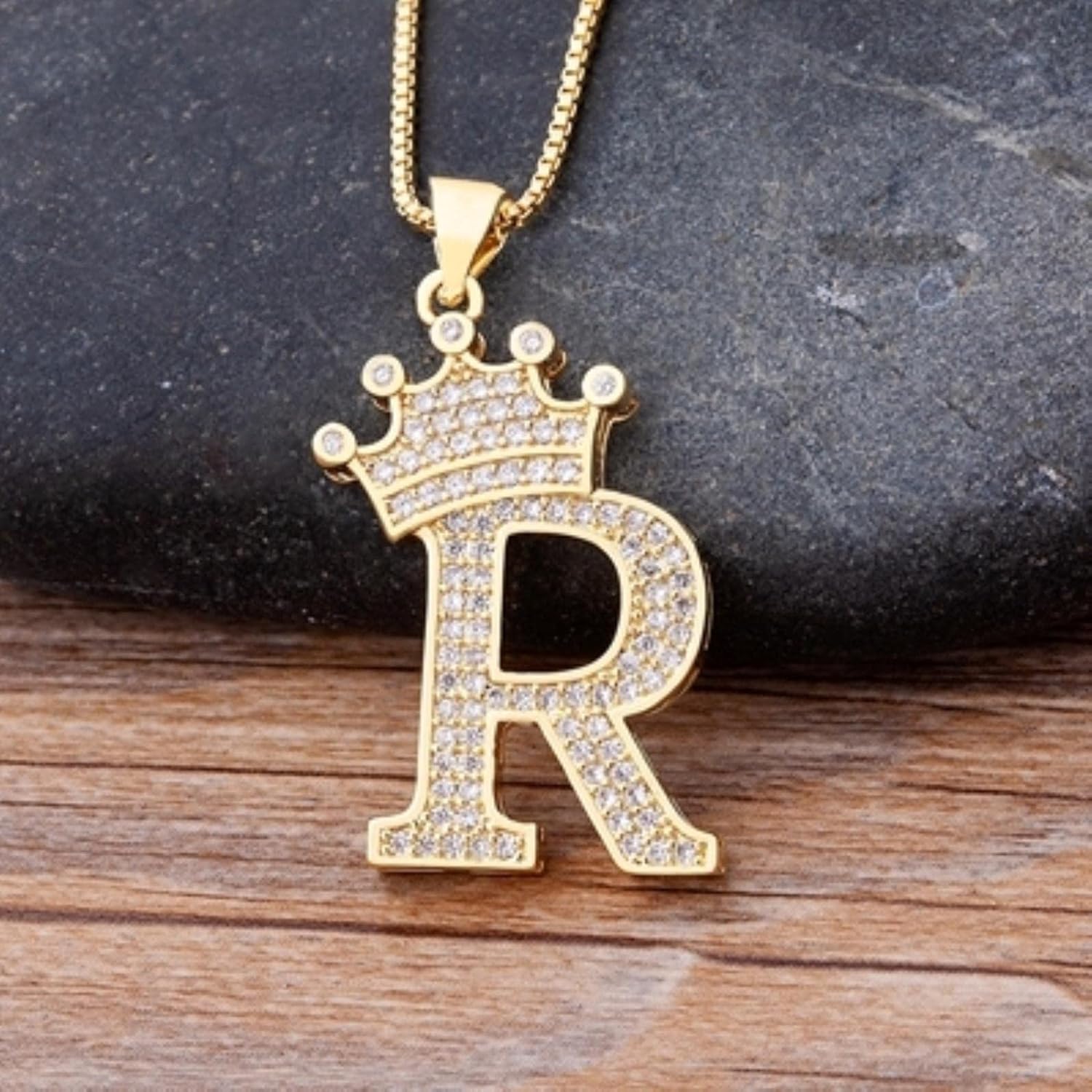 Crown Alphabet Letter A Gold CZ Copper Pendant Chain Bulk