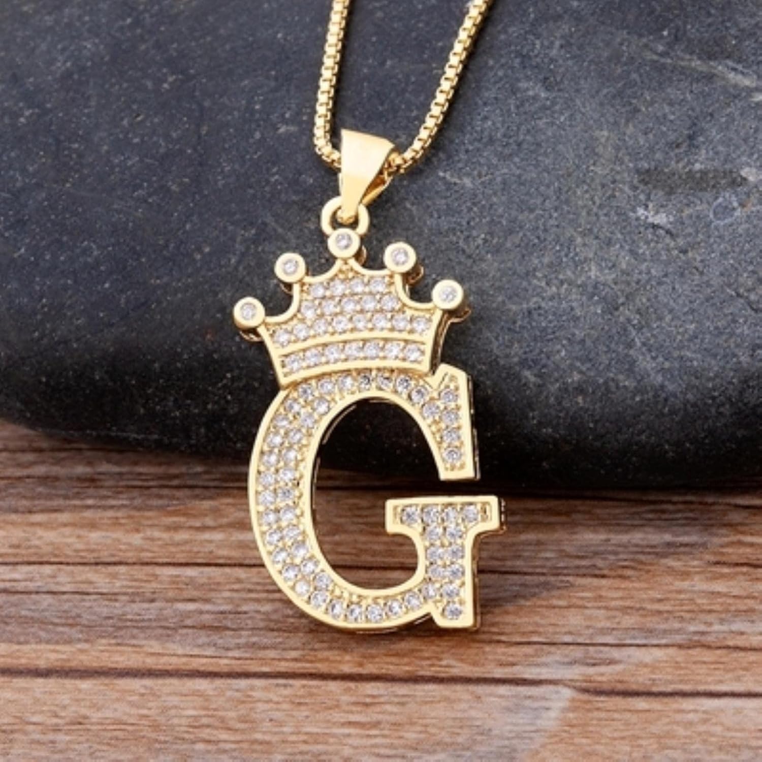 Crown Alphabet Letter A Gold CZ Copper Pendant Chain Bulk