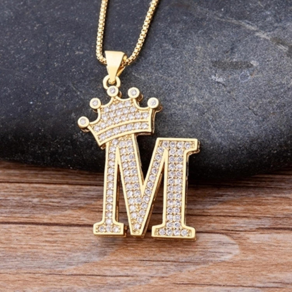 Crown Alphabet Letter A Gold CZ Copper Pendant Chain Bulk