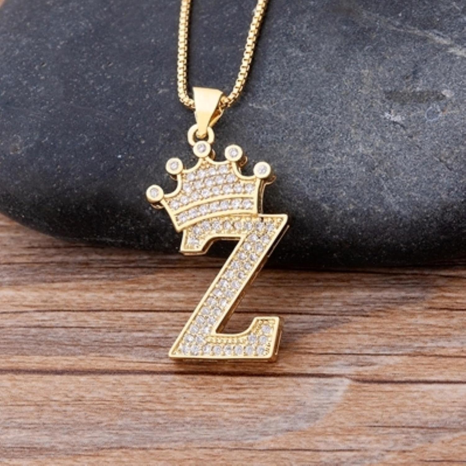 Crown Alphabet Letter A Gold CZ Copper Pendant Chain Bulk