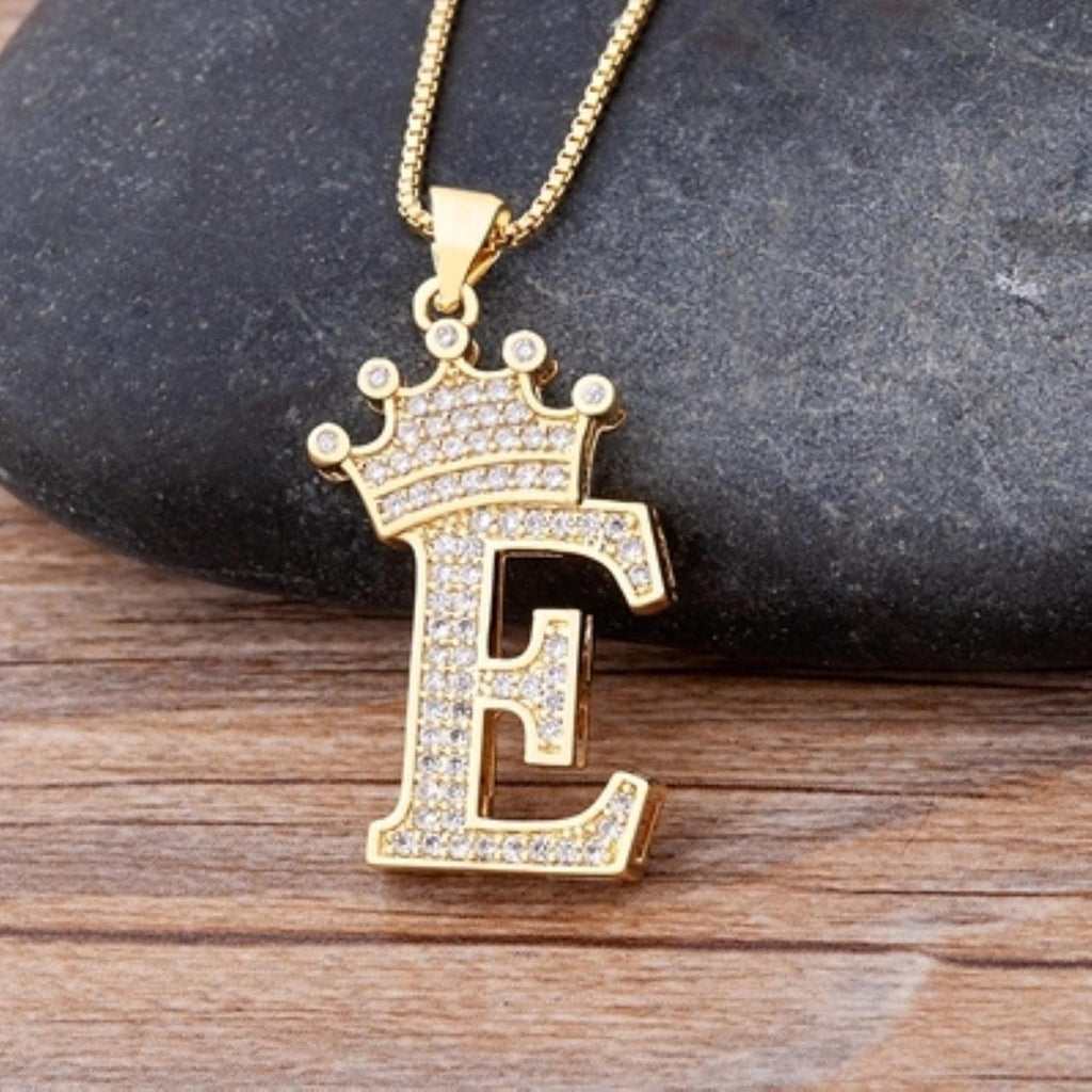 Crown Alphabet Letter A Gold CZ Copper Pendant Chain Bulk