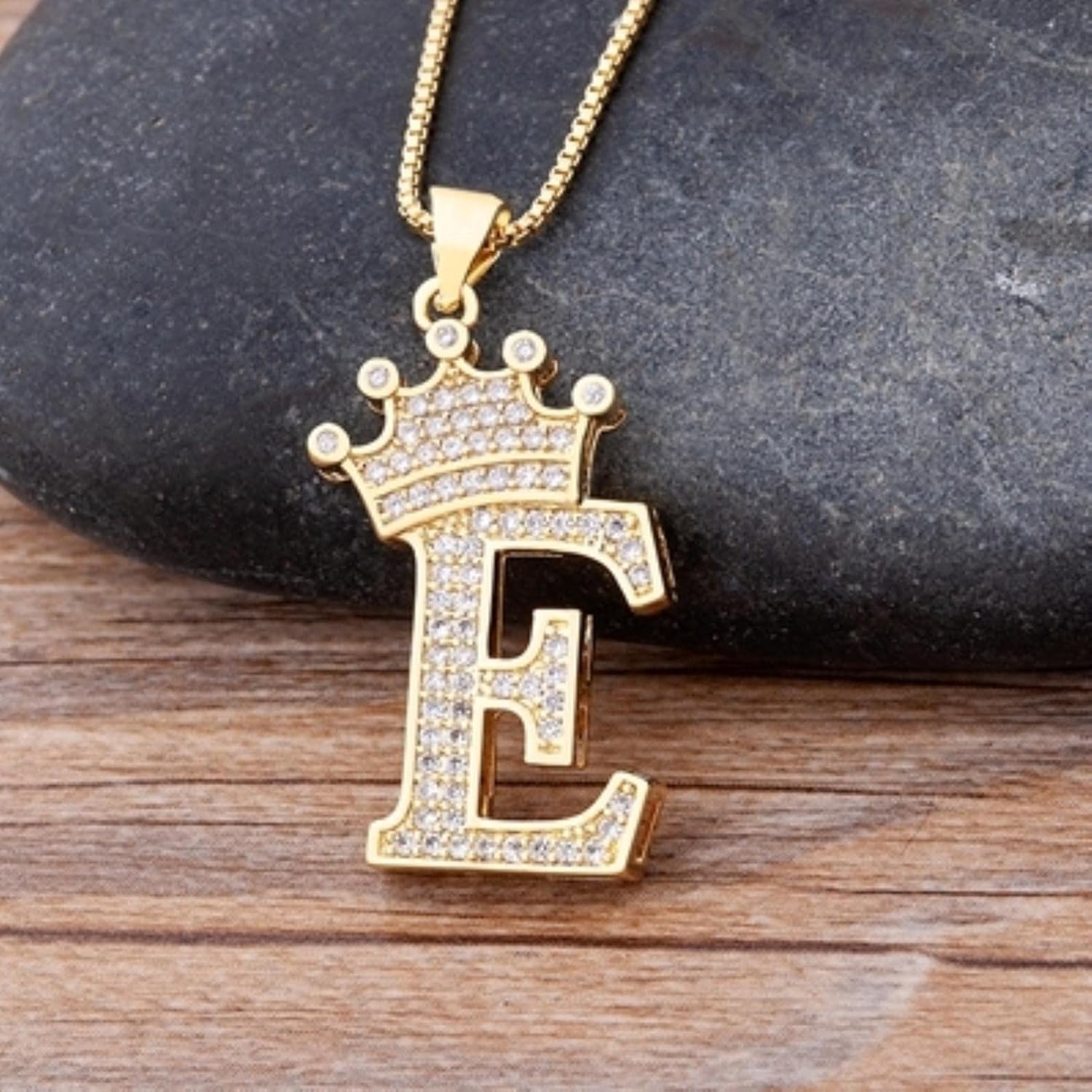 Crown Alphabet Letter A Gold CZ Copper Pendant Chain Bulk