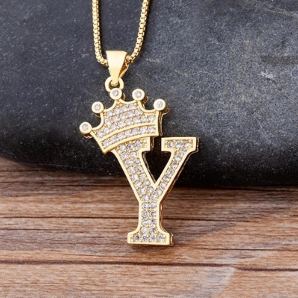 Crown Alphabet Letter A Gold CZ Copper Pendant Chain Bulk