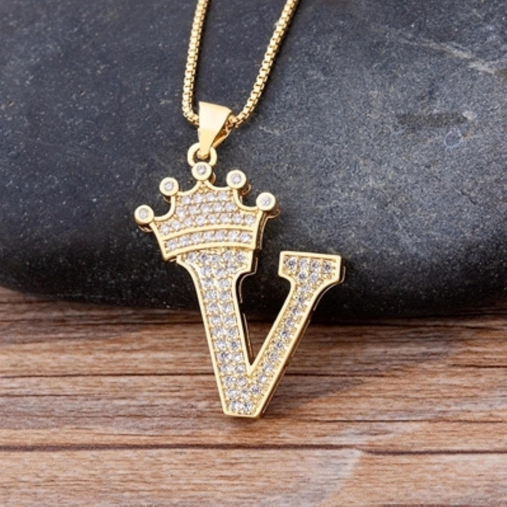 Crown Alphabet Letter A Gold CZ Copper Pendant Chain Bulk