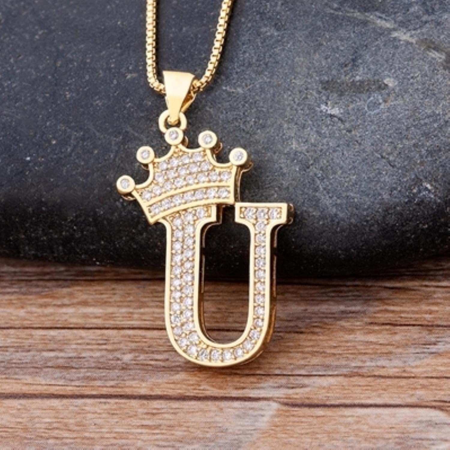 Crown Alphabet Letter A Gold CZ Copper Pendant Chain Bulk