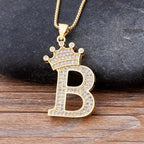 Crown Alphabet Letter A Gold CZ Copper Pendant Chain Bulk