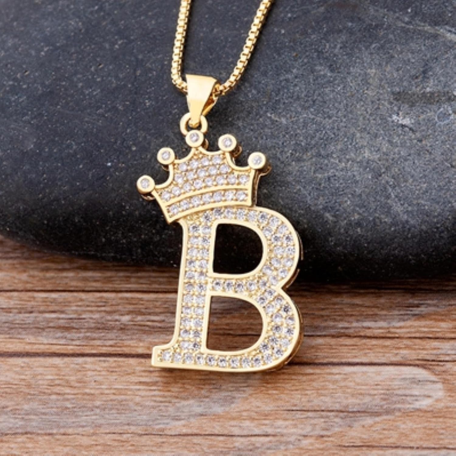 Crown Alphabet Letter A Gold CZ Copper Pendant Chain Bulk