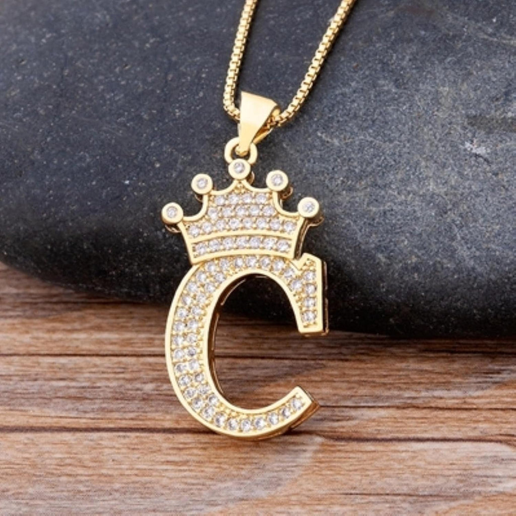 Crown Alphabet Letter A Gold CZ Copper Pendant Chain Bulk