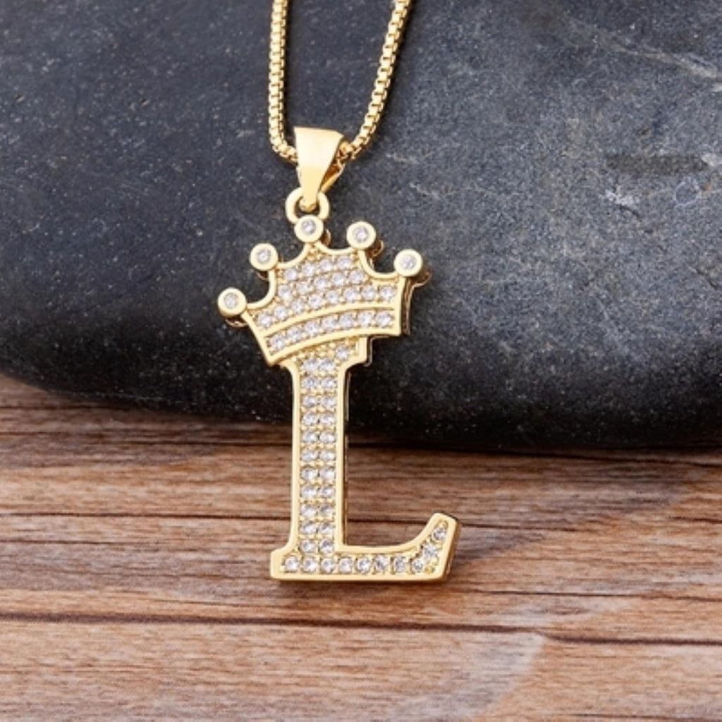 Crown Alphabet Letter A Gold CZ Copper Pendant Chain Bulk