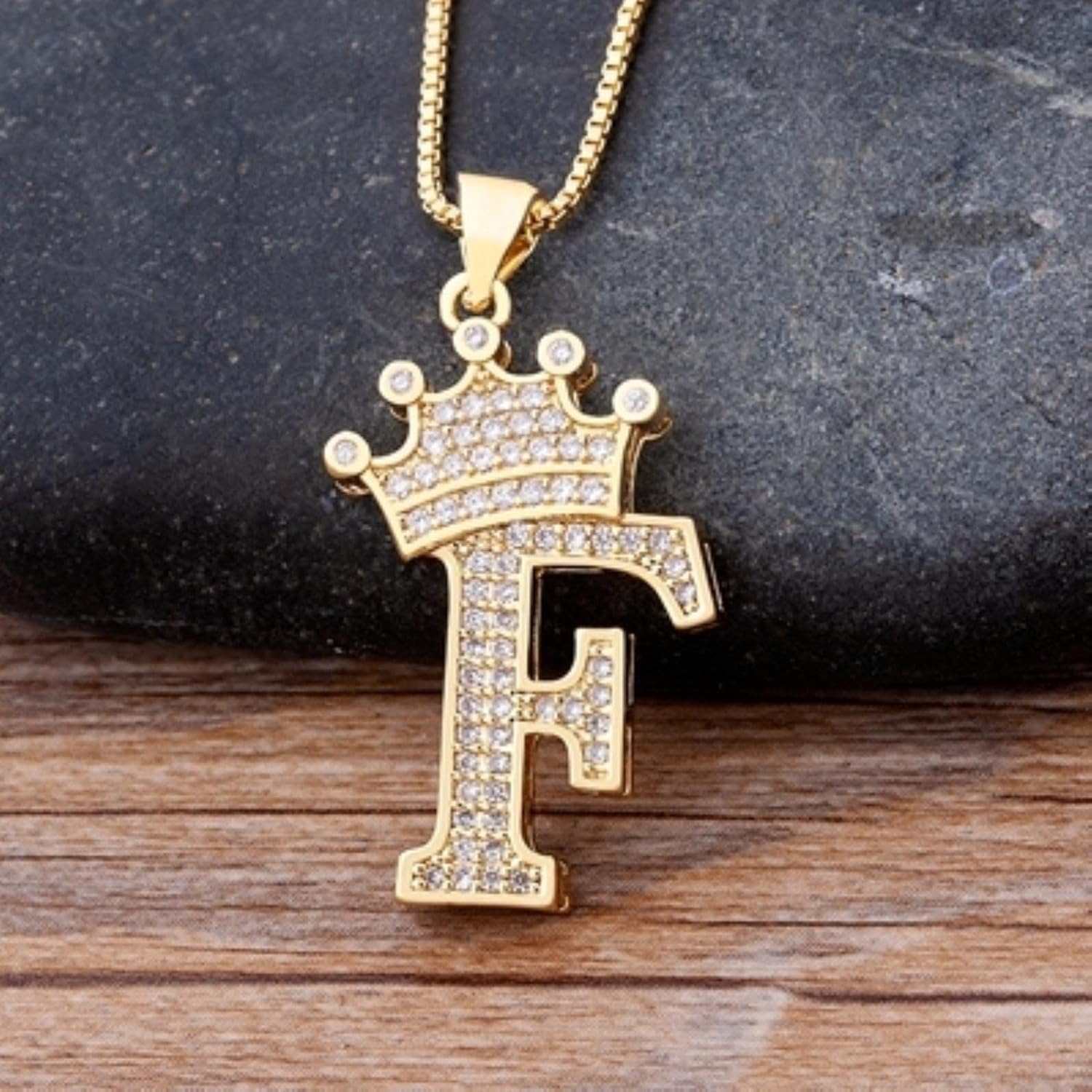 Crown Alphabet Letter A Gold CZ Copper Pendant Chain Bulk
