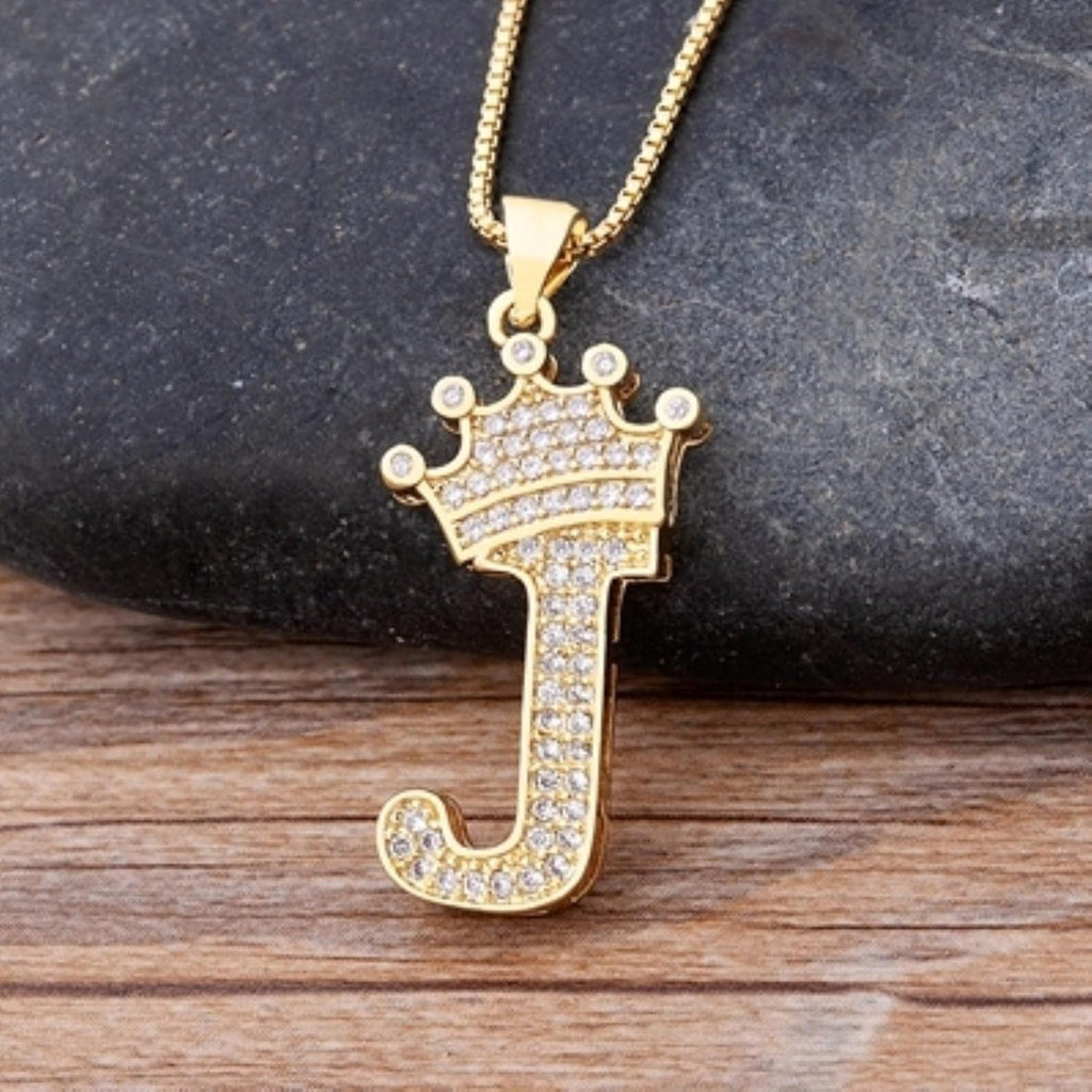 Crown Alphabet Letter A Gold CZ Copper Pendant Chain Bulk