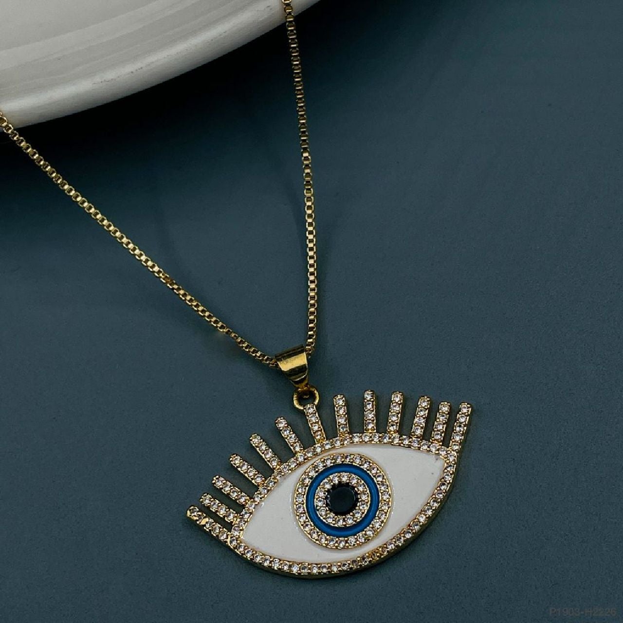 Copper CZ Enamel White Gold Evil Eye Necklace Pendant Chain Girls Bulk