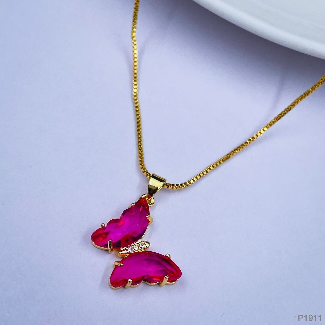 Copper Cubic Zirconia Crystal Pink Gold Butterfly Pendant Chain Bulk Main image
