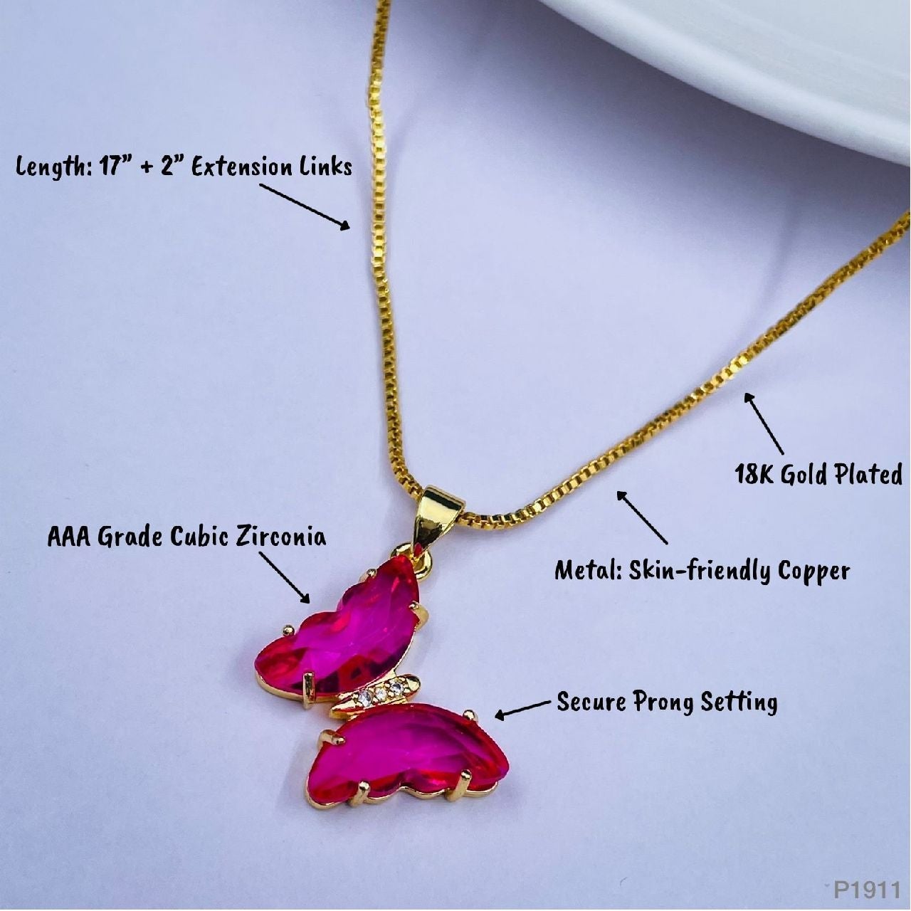 Copper Cubic Zirconia Crystal Pink Gold Butterfly Pendant Chain Bulk