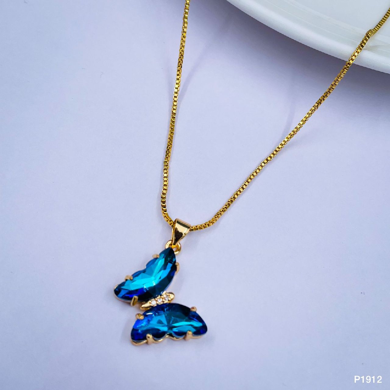 Copper Cubic Zirconia Crystal Blue Gold Butterfly Pendant Chain Bulk Main image