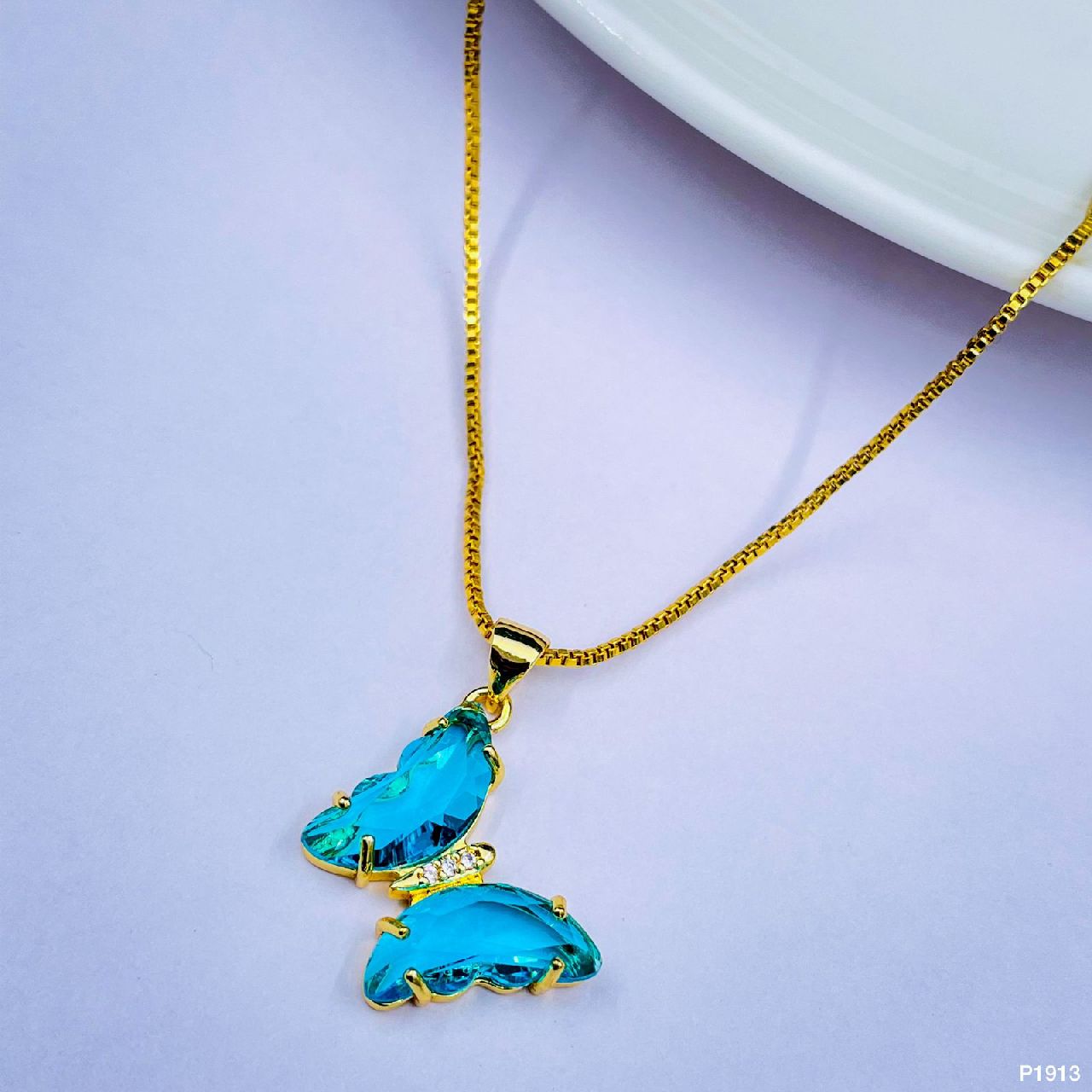 Copper Cubic Zirconia Crystal Green Gold Butterfly Pendant Chain Bulk Main image