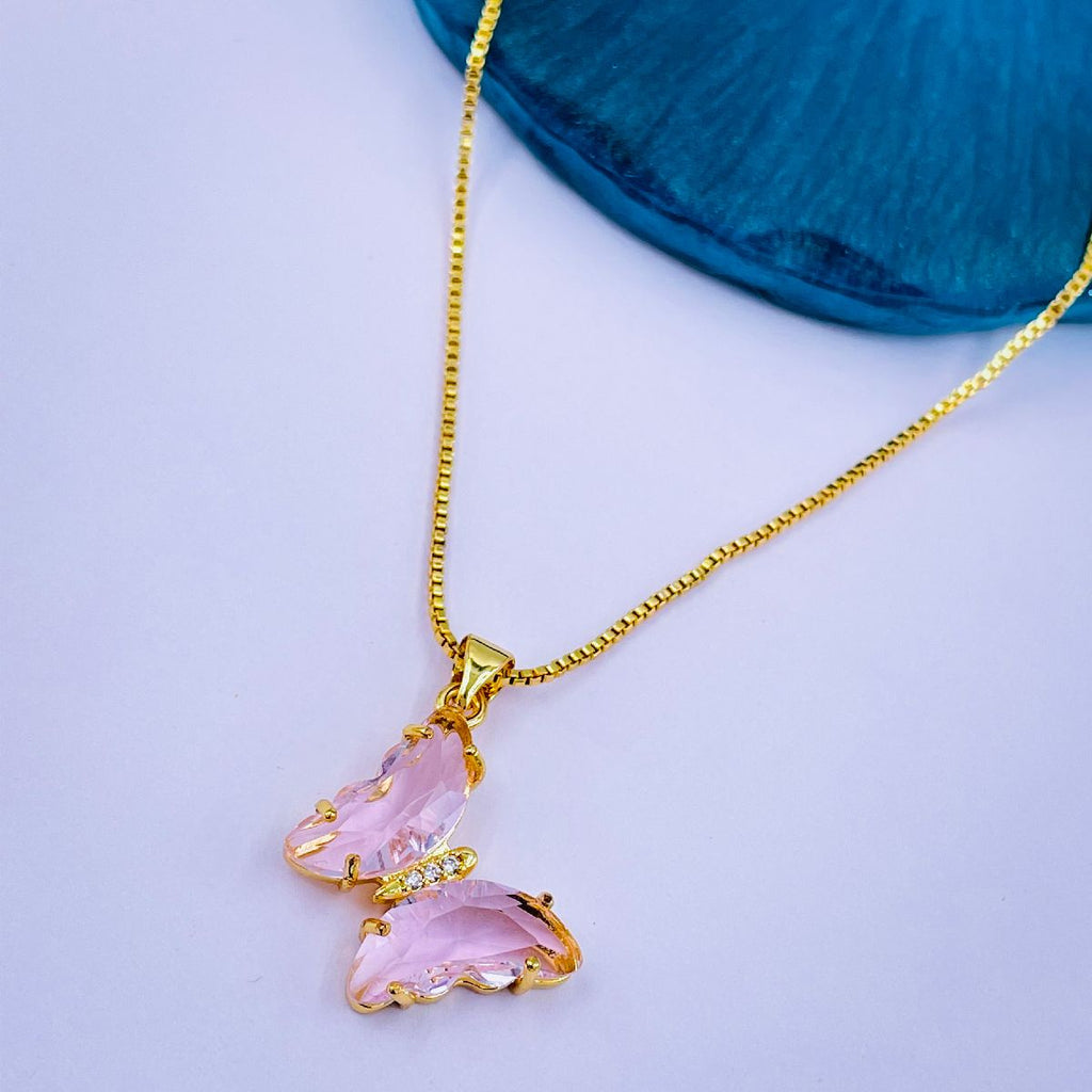 Copper CZ Crystal Pink Gold Butterfly Necklace Pendant Chain Bulk