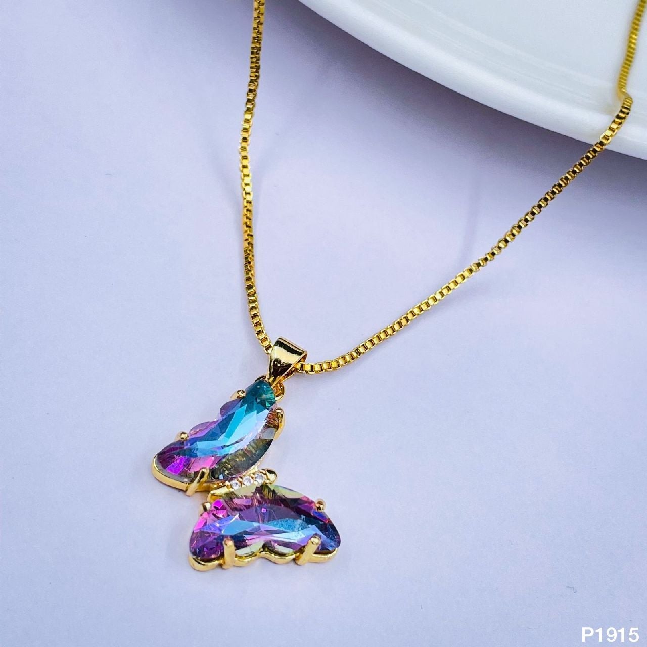 Copper CZ Crystal Purple Blue Gold Butterfly Pendant Chain Bulk Main image