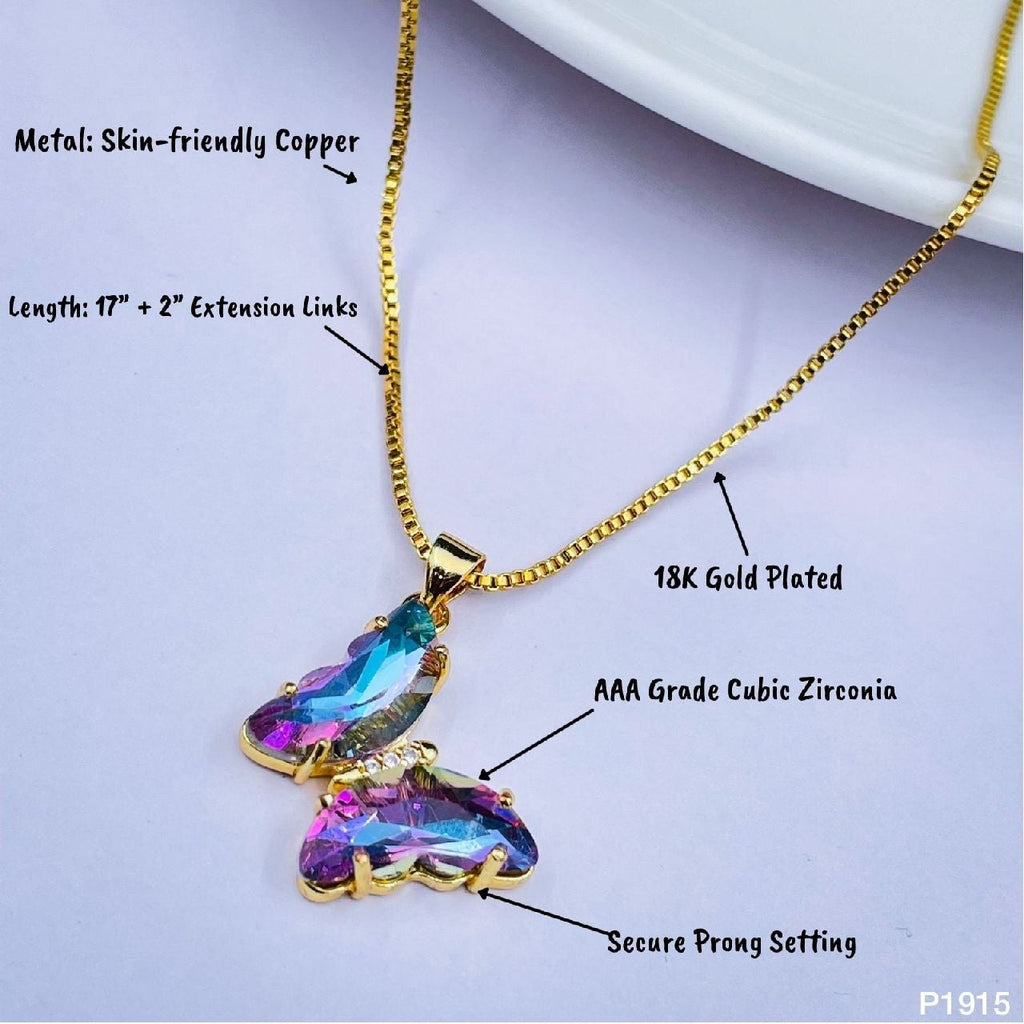 Copper CZ Crystal Purple Blue Gold Butterfly Pendant Chain Bulk