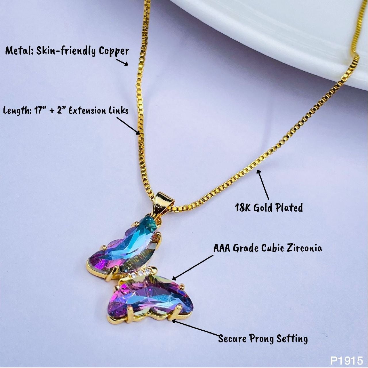 Copper CZ Crystal Purple Blue Gold Butterfly Pendant Chain Bulk