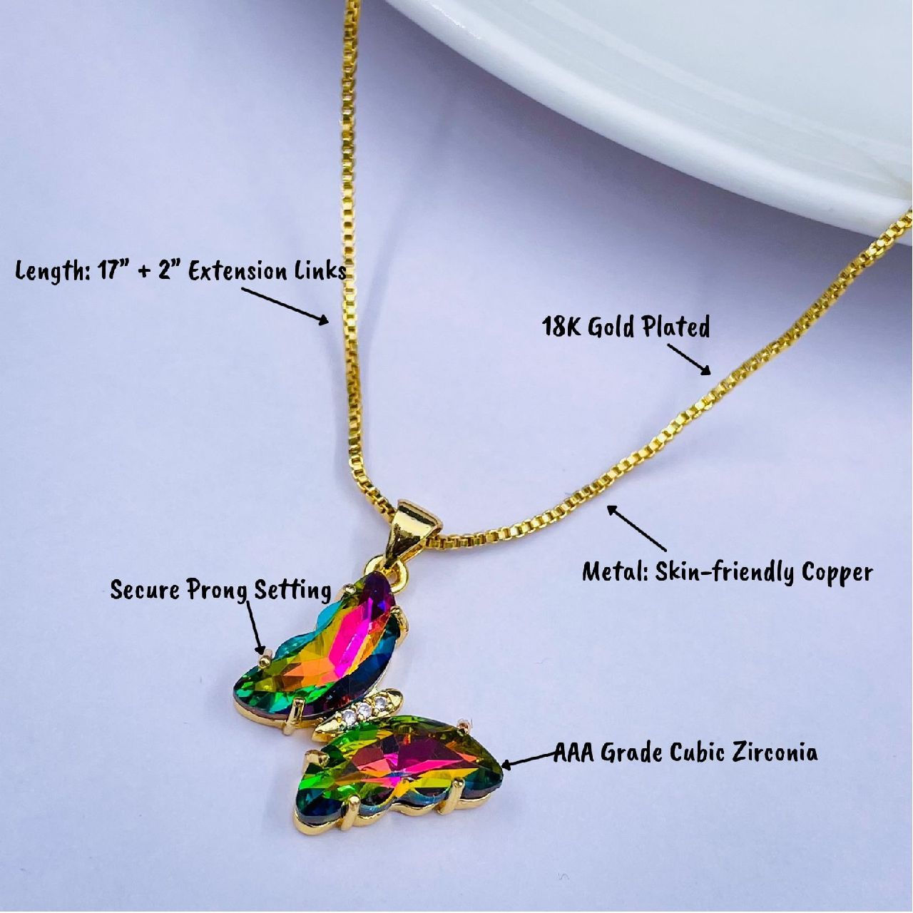Copper CZ Crystal Multi Color Gold Butterfly Pendant Chain Bulk