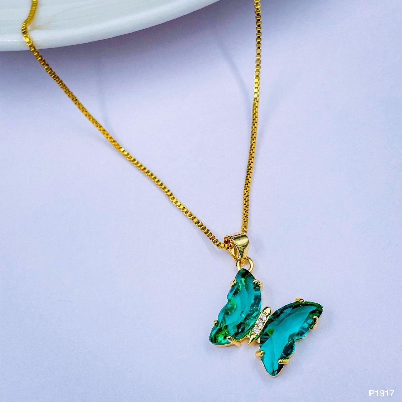 Copper Cubic Zirconia Crystal Green Butterfly Pendant Chain Women Main image