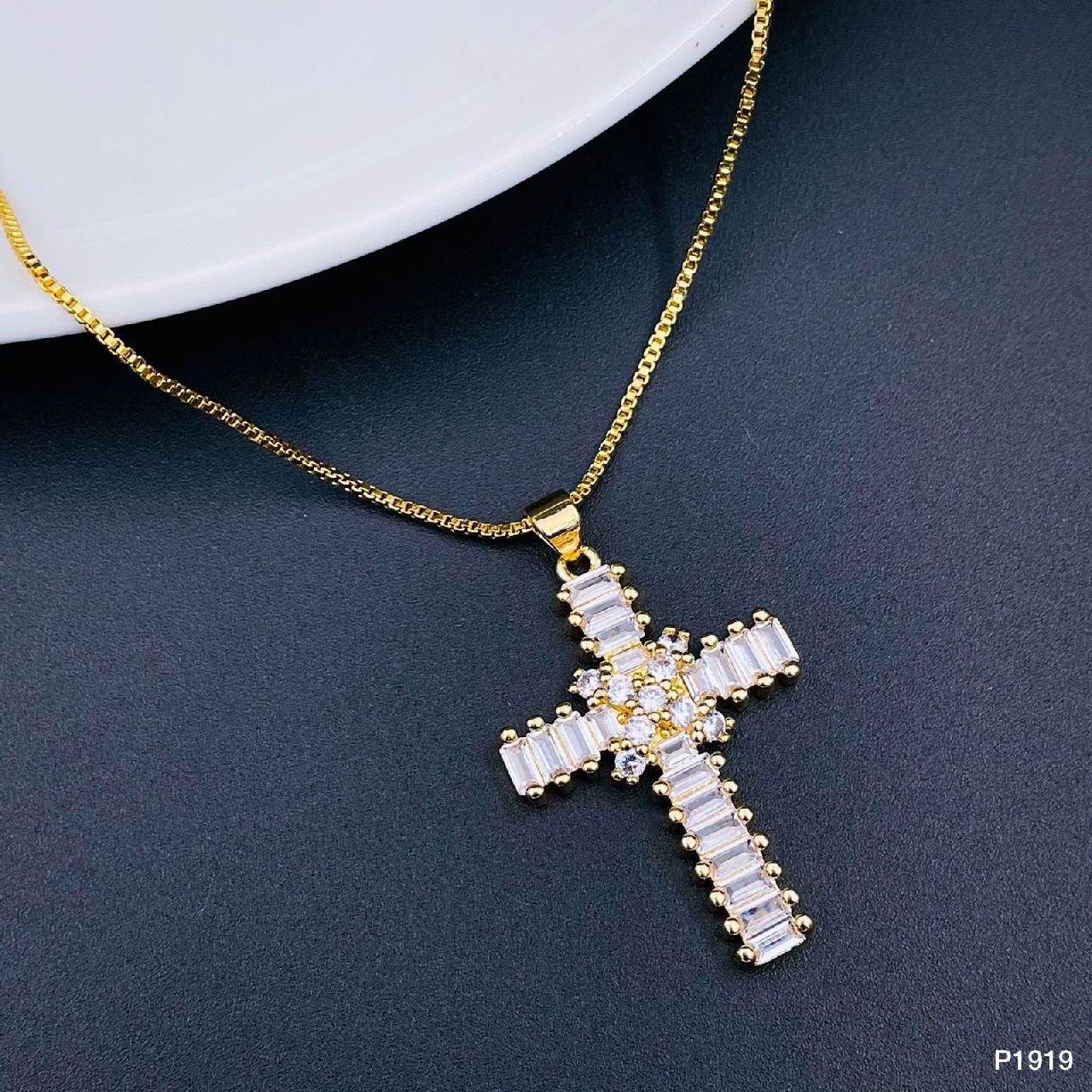 Baguette Copper Cubic Zirconia Gold Jesus Cross Pendant Chain Bulk Main image