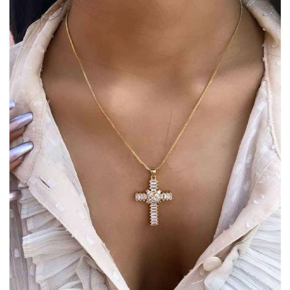 Baguette Copper Cubic Zirconia Gold Jesus Cross Pendant Chain Bulk