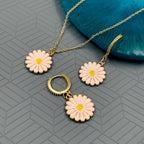 Daisy Flower Brass Gold Pink Enamel Pendant Chain Earring Set Bulk